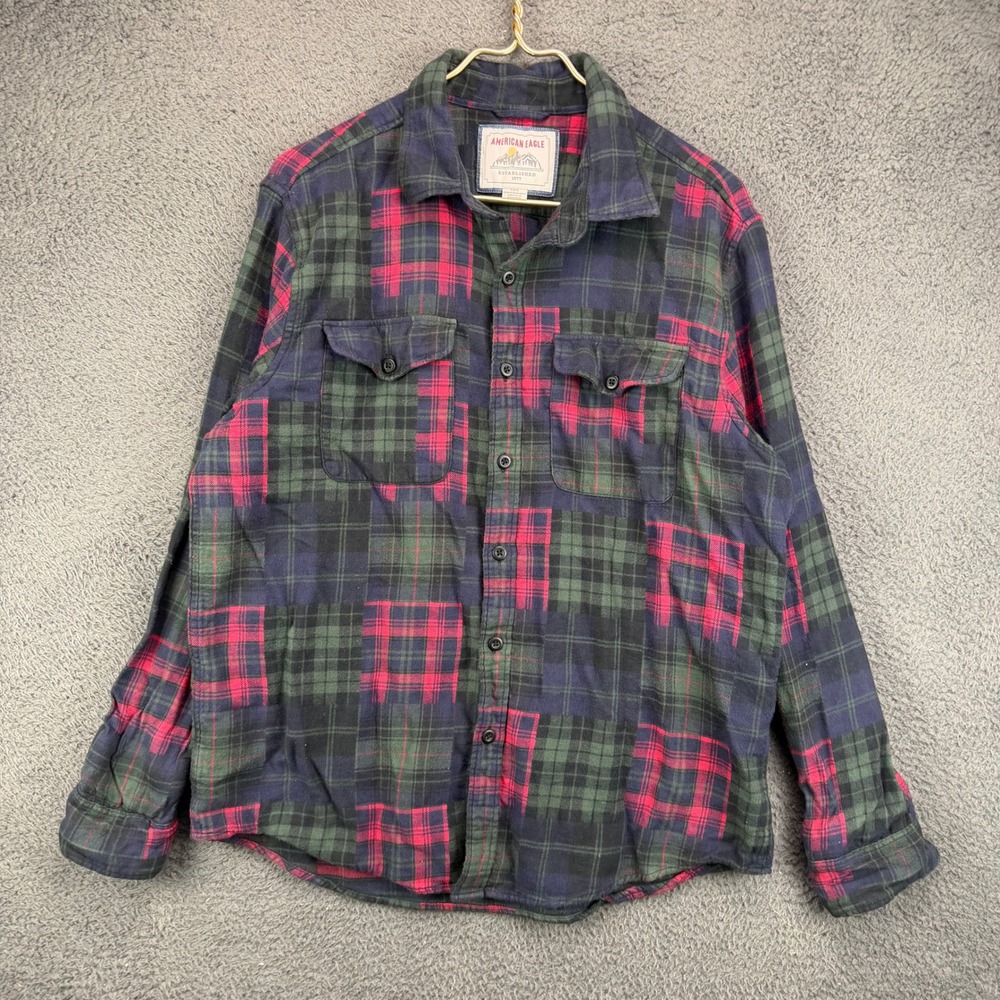 American Eagle Womens Large Flannel Shirt Plaid Patchwork Red Green Blue Cotton